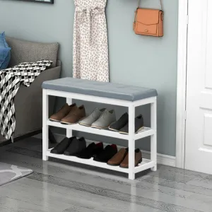 2-Tier Wooden Shoe Rack Bench with Padded Seat-White