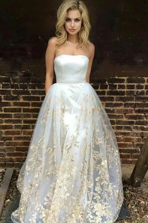 A-Line Sweetheart Sweep Train White Tulle Prom Dress with Appliques Pockets LR266