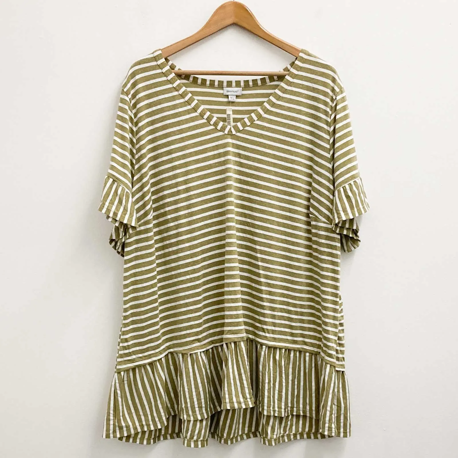 Avenue Top UK 26/28 Olive Stripe Soft Stretch Ruffle Trim