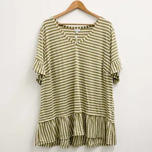 Avenue Top UK 26/28 Olive Stripe Soft Stretch Ruffle Trim