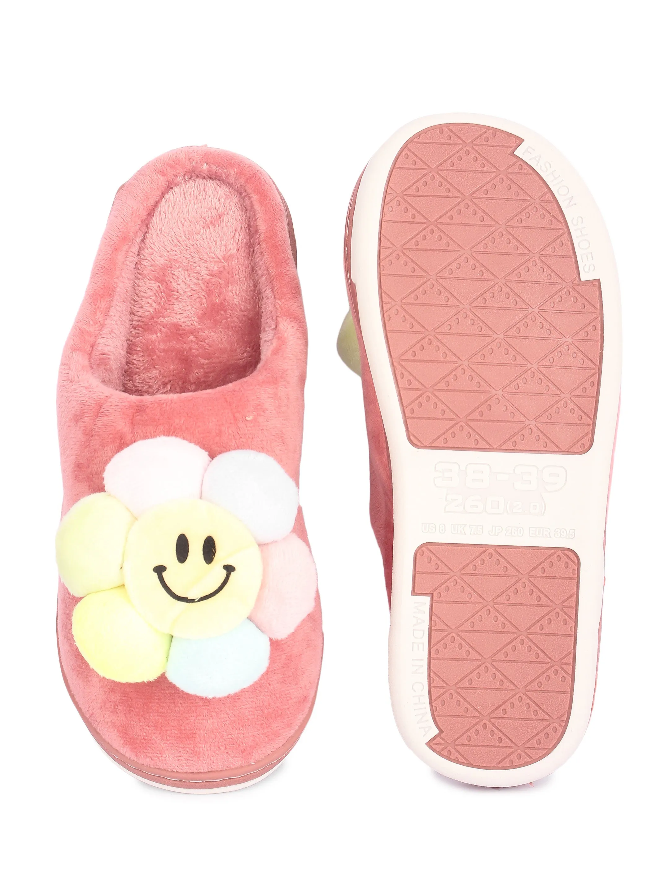 Brauch Women's Pink Happy Sunflower Fur Winter Slippers
