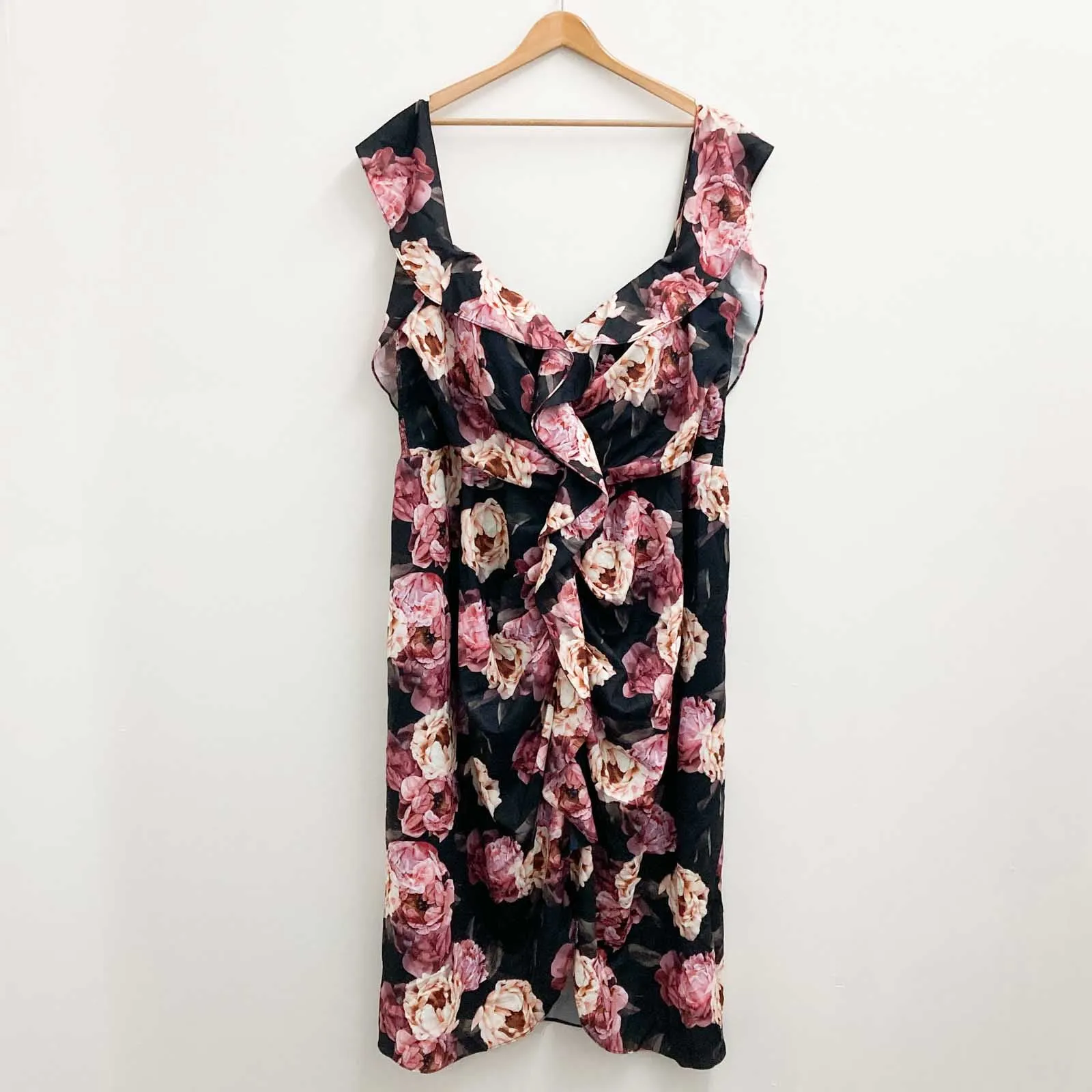 City Chic Black & Pink Floral Print Tulip Hem Ruffle Dress UK 24