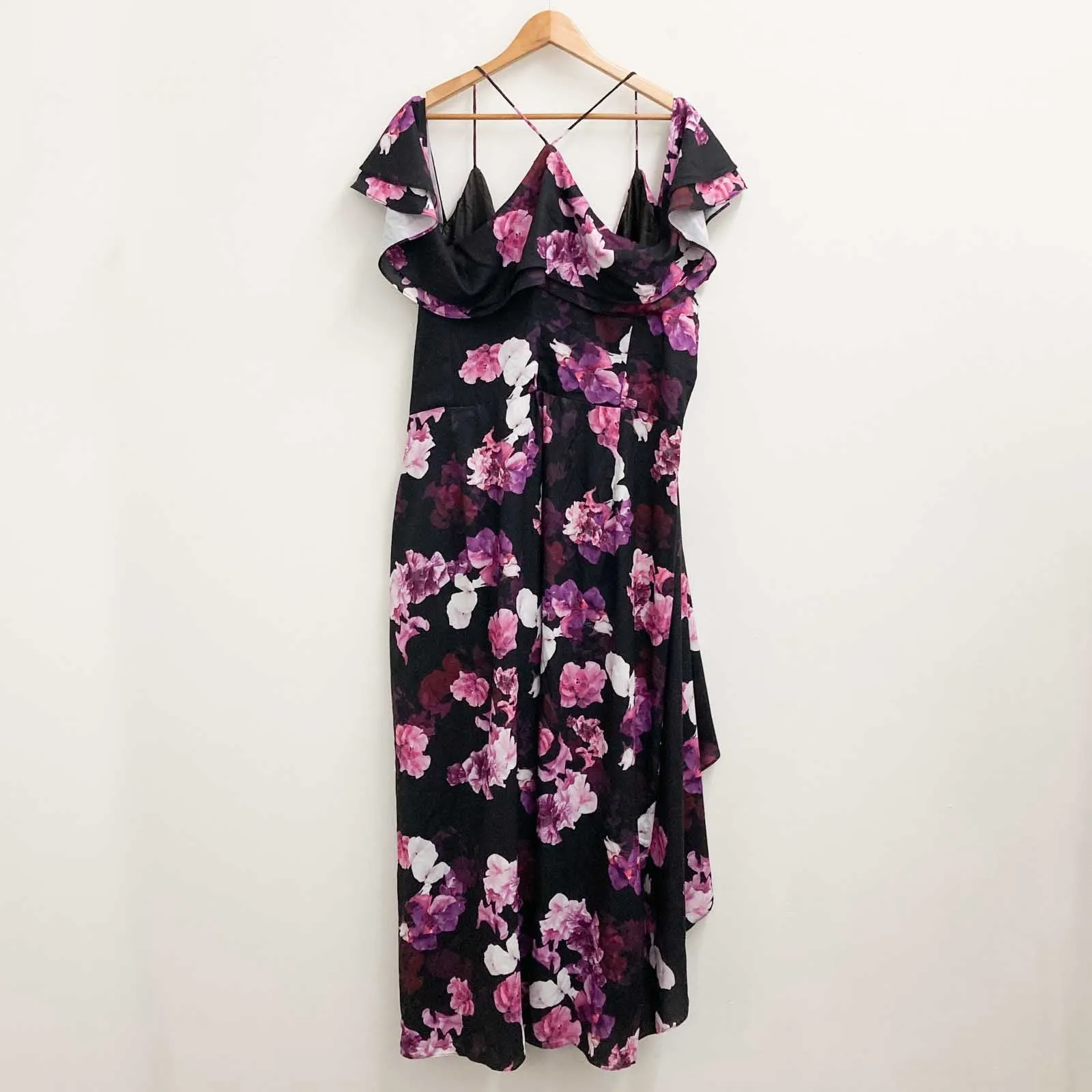City Chic Black & Purple Floral Print Cold Shoulder Wrap Dress UK 24