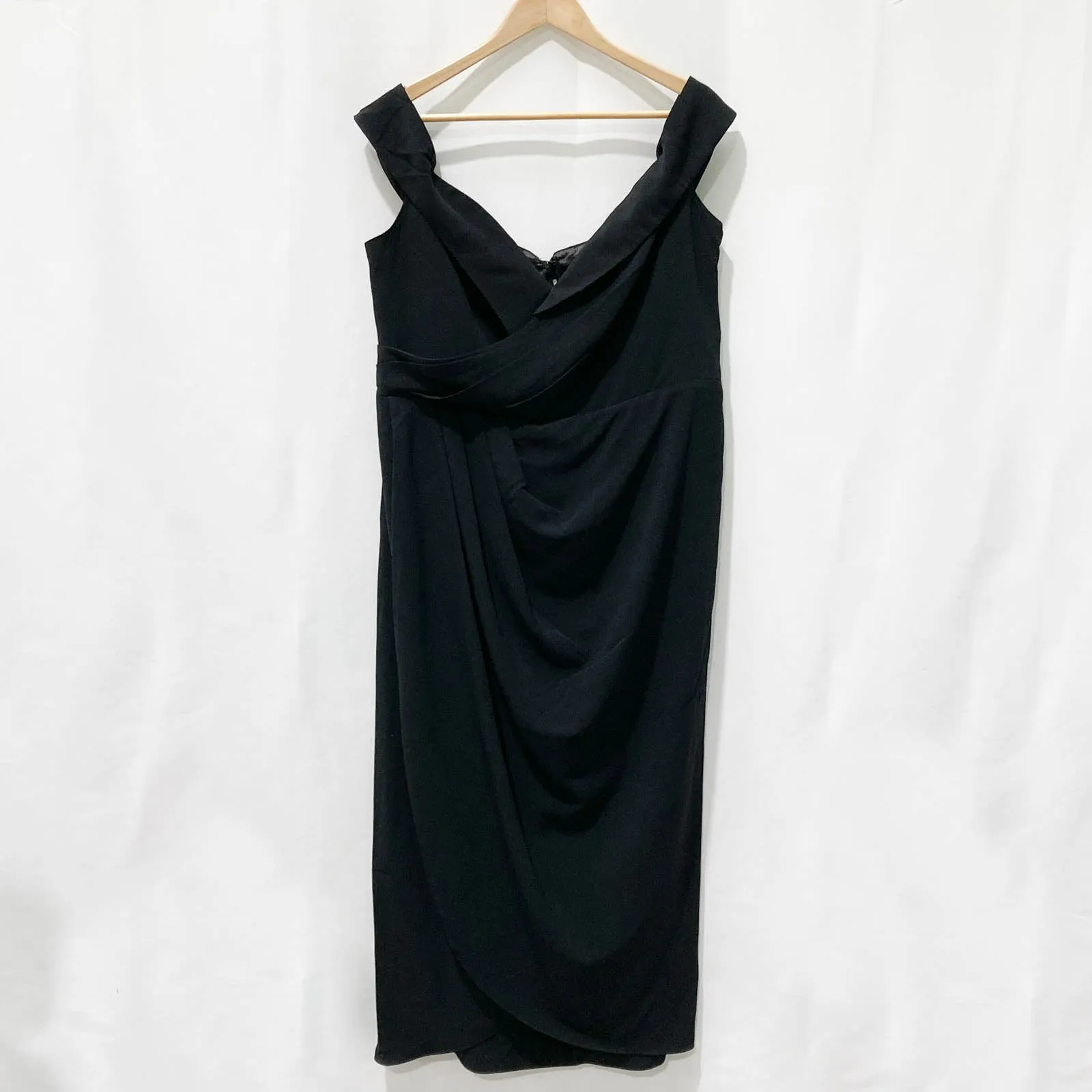 City Chic Black Faux Wrap Off-Shoulder V-Neck Tulip Hem Dress UK 16