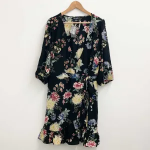 City Chic Black Floral Print V-Neck Mini Wrap Dress UK 14