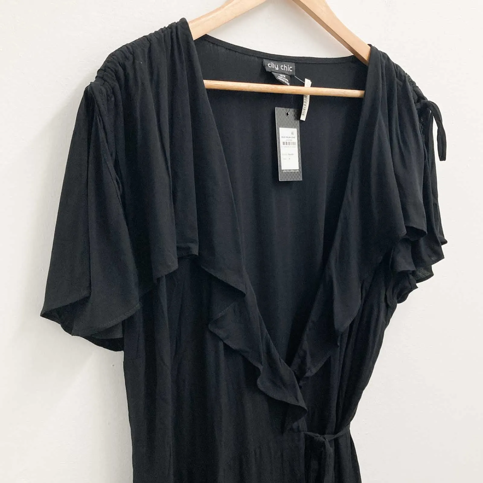 City Chic Black Frilled V-Neck Wrap Midi Dress UK 18