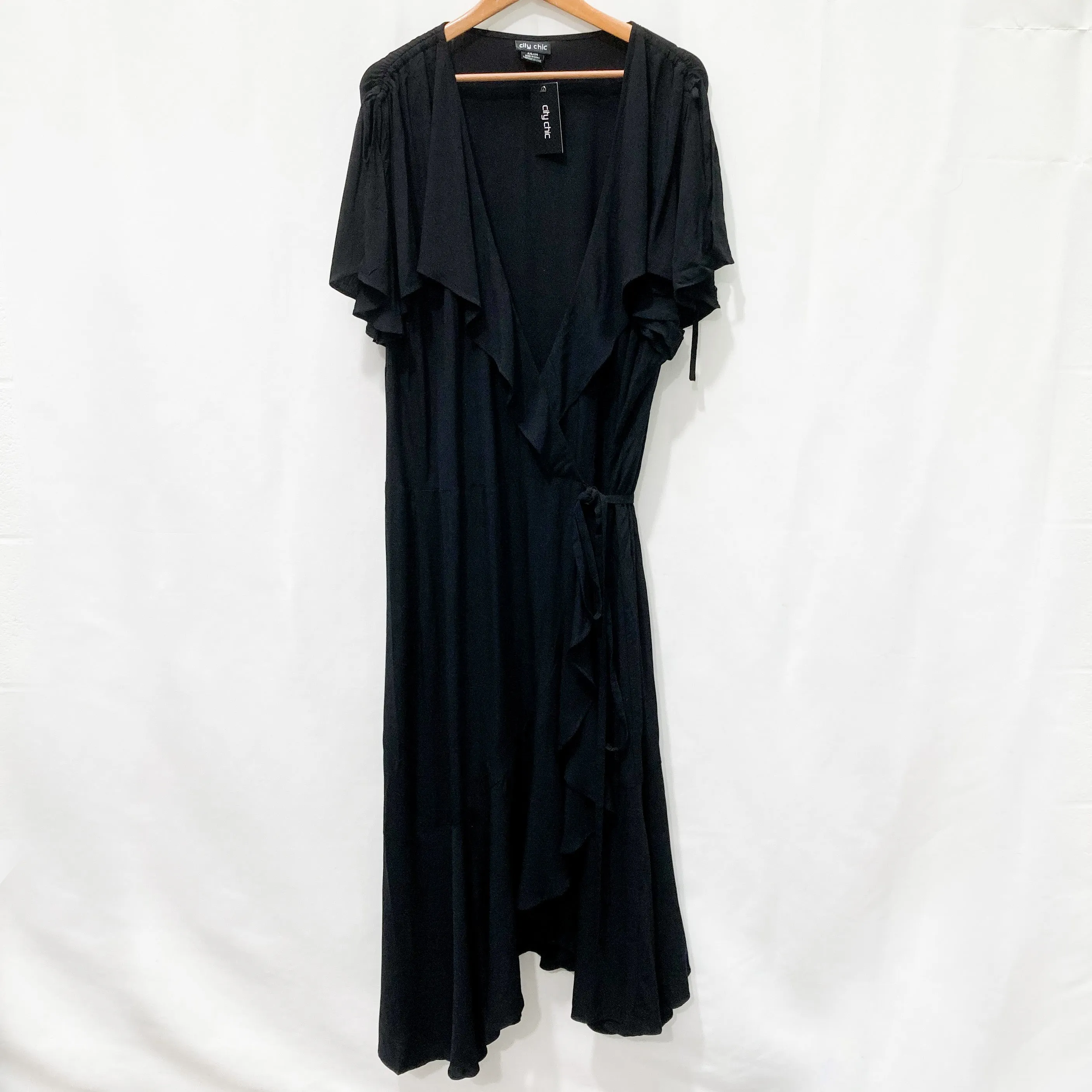 City Chic Black Frilled V-Neck Wrap Midi Dress UK 18