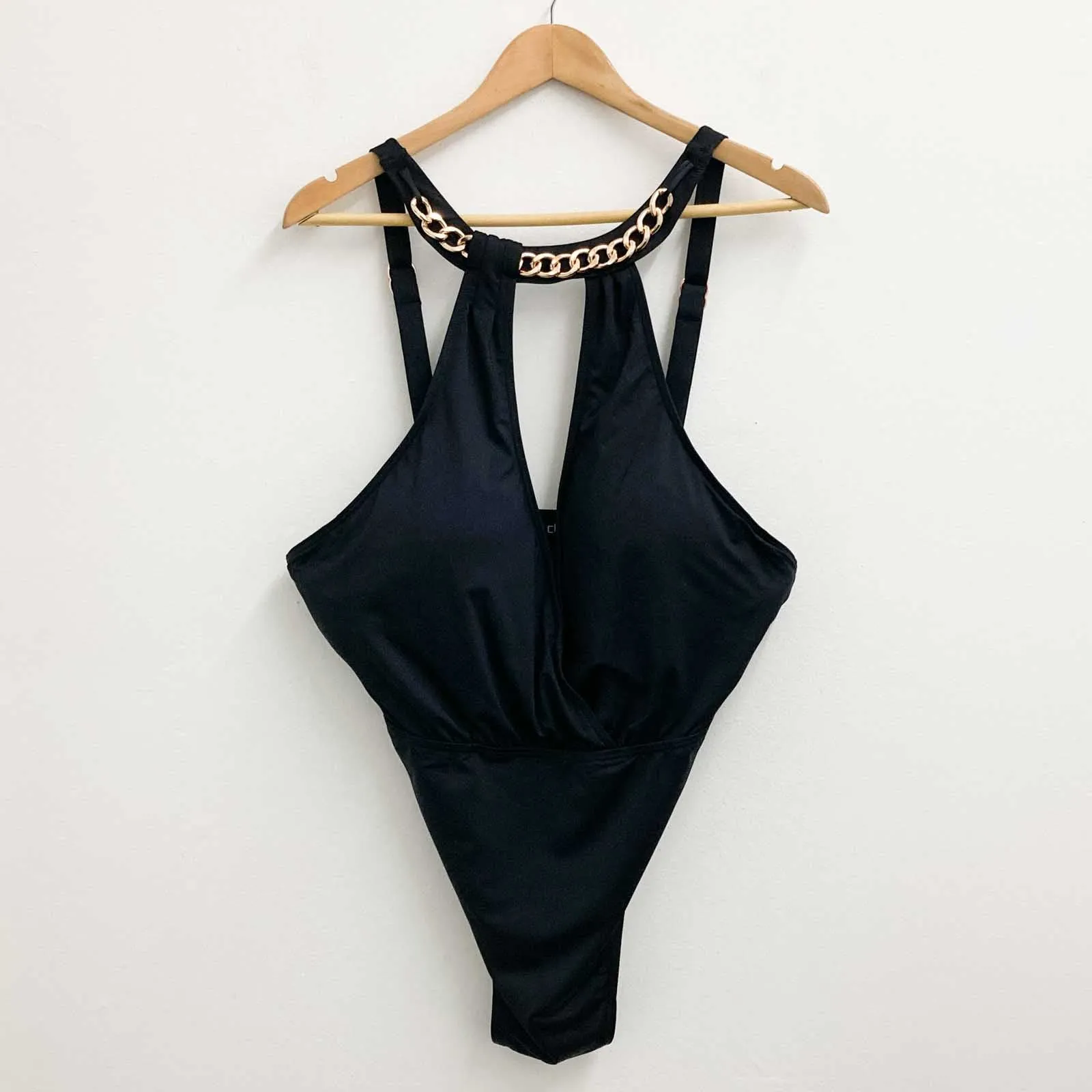 City Chic Black Gold Chain Halter Neck One Piece Swimsuit UK 20