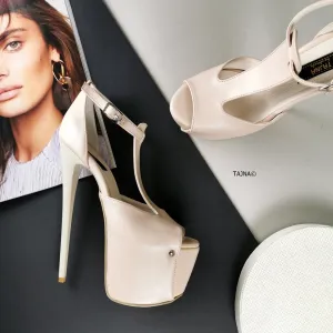 Cream Nude T-Strap High Heels