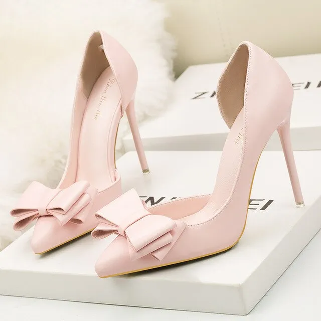 DDYZHY 2021 Fashion Delicate Sweet Bowknot High Heel Shoes Side Hollow Pointed Women Pumps Pointed Toe 10.5CM thin Dress Shoes