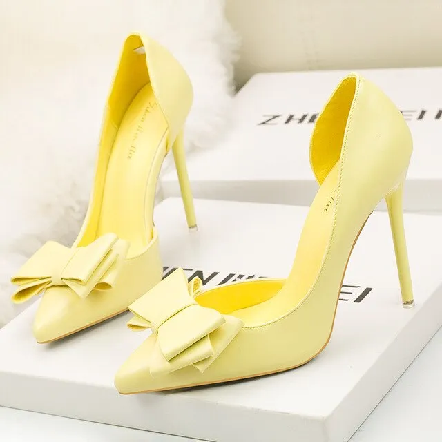 DDYZHY 2021 Fashion Delicate Sweet Bowknot High Heel Shoes Side Hollow Pointed Women Pumps Pointed Toe 10.5CM thin Dress Shoes