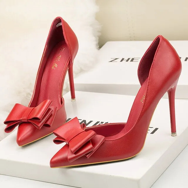DDYZHY 2021 Fashion Delicate Sweet Bowknot High Heel Shoes Side Hollow Pointed Women Pumps Pointed Toe 10.5CM thin Dress Shoes