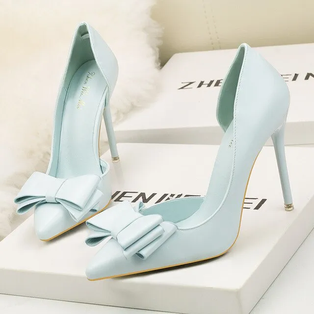 DDYZHY 2021 Fashion Delicate Sweet Bowknot High Heel Shoes Side Hollow Pointed Women Pumps Pointed Toe 10.5CM thin Dress Shoes