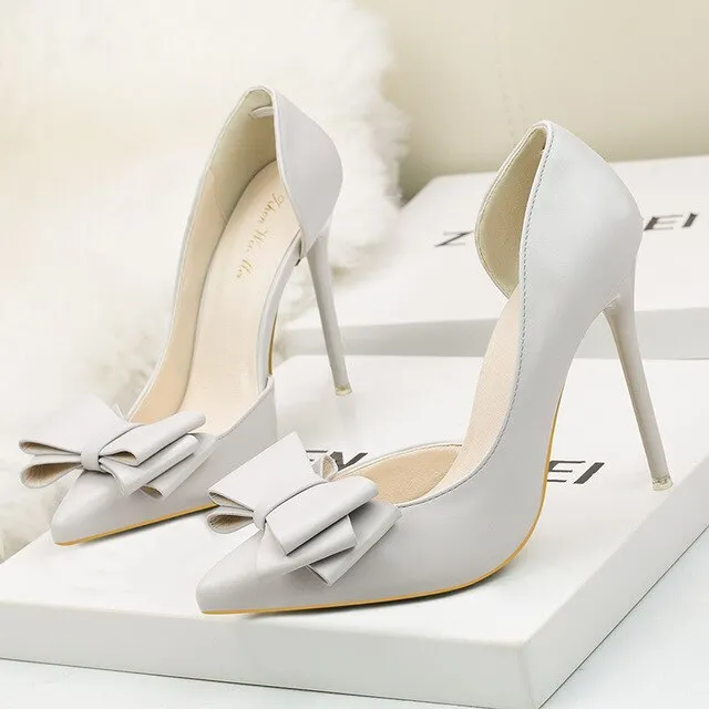 DDYZHY 2021 Fashion Delicate Sweet Bowknot High Heel Shoes Side Hollow Pointed Women Pumps Pointed Toe 10.5CM thin Dress Shoes