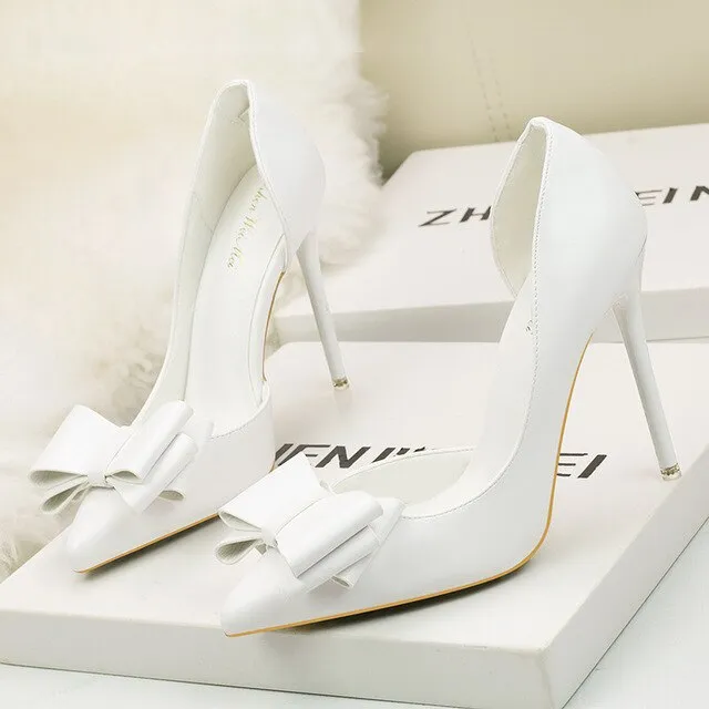 DDYZHY 2021 Fashion Delicate Sweet Bowknot High Heel Shoes Side Hollow Pointed Women Pumps Pointed Toe 10.5CM thin Dress Shoes