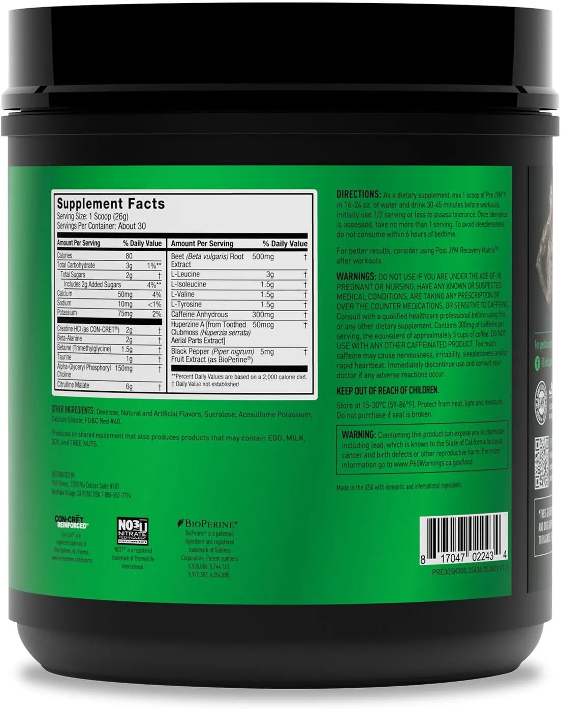 JYM Supplement Science Pre JYM Strawberry Kiwi Pre Workout Powder - BCAAs, Nootropics, Creatine HCI, Citrulline, Beta-Alanine, Betaine, Taurine, Huperzine 30 Servings