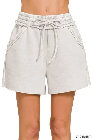 Light Cement Acid Wash Fleece Drawstring Shorts
