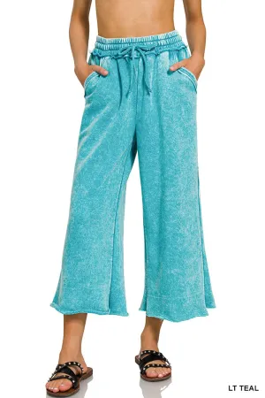 Light Teal Acid Wash Fleece Palazzo Sweatpants