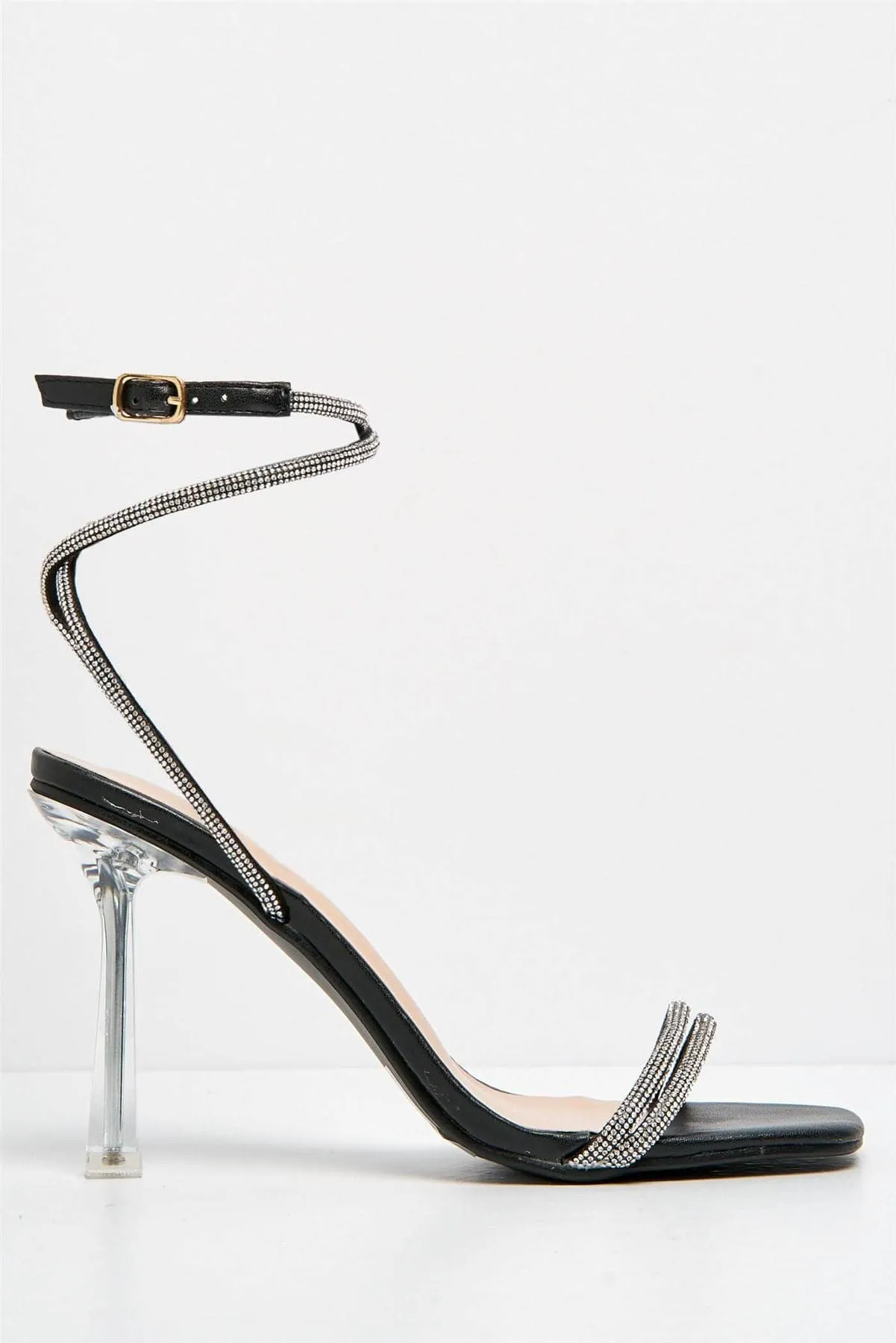 Lyon Ankle Strap Perspex Heel Sandals in Black