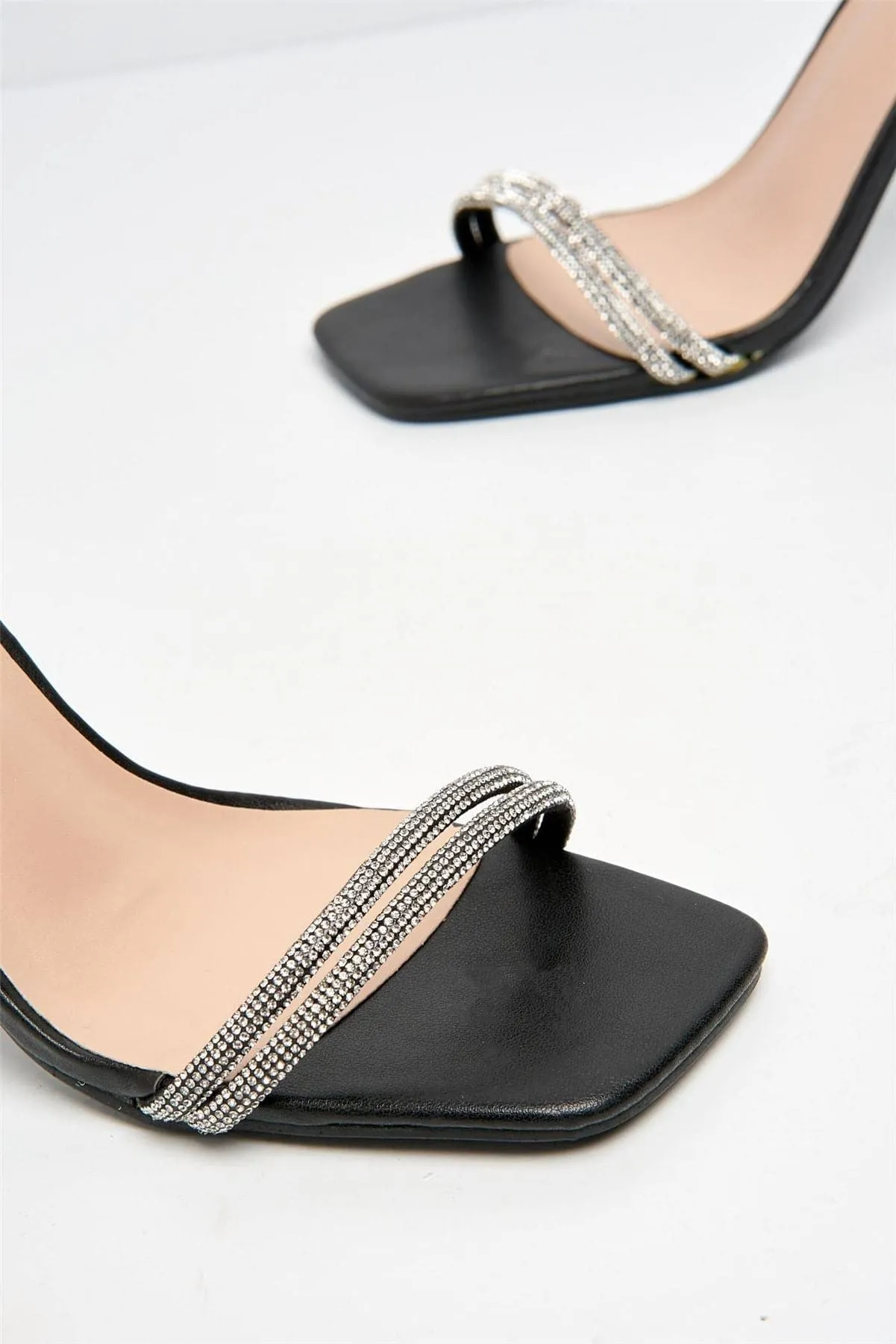 Lyon Ankle Strap Perspex Heel Sandals in Black