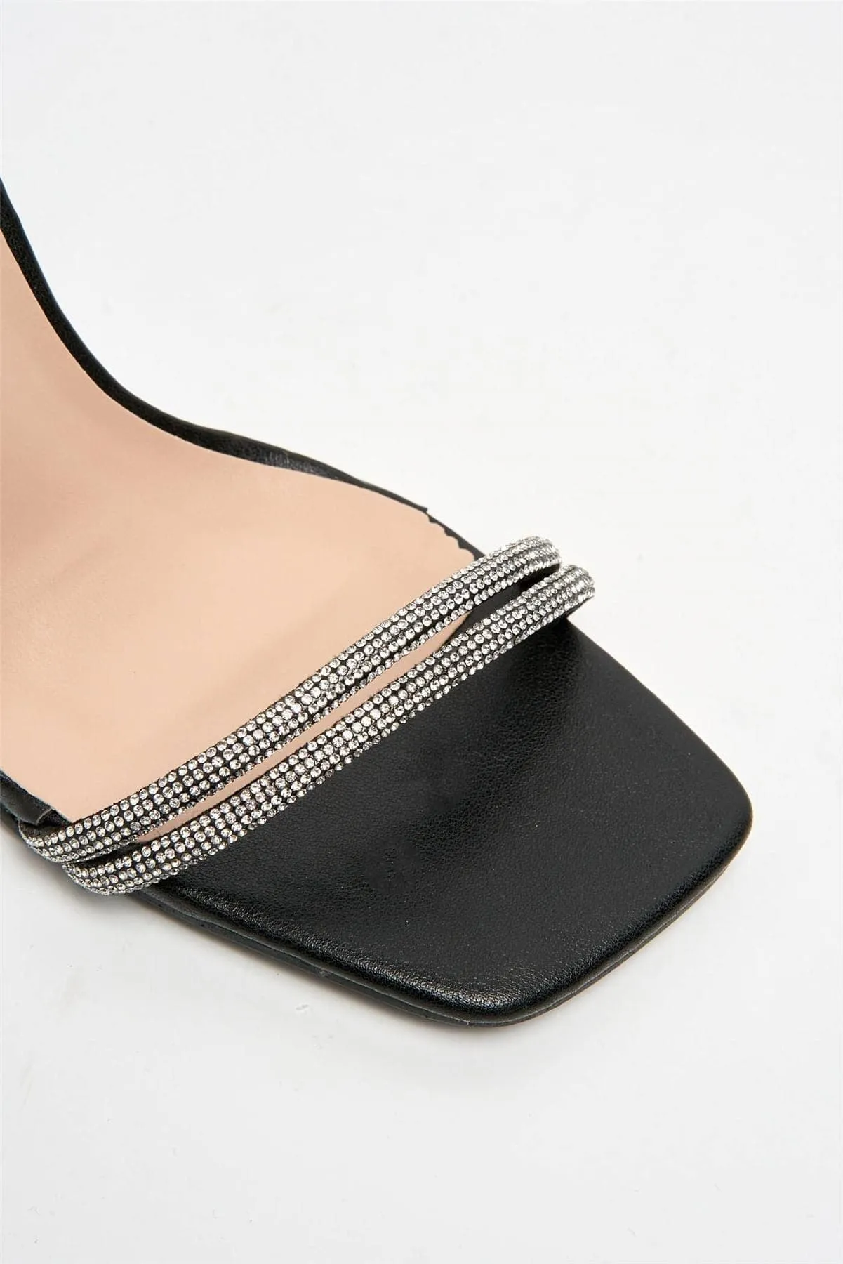 Lyon Ankle Strap Perspex Heel Sandals in Black