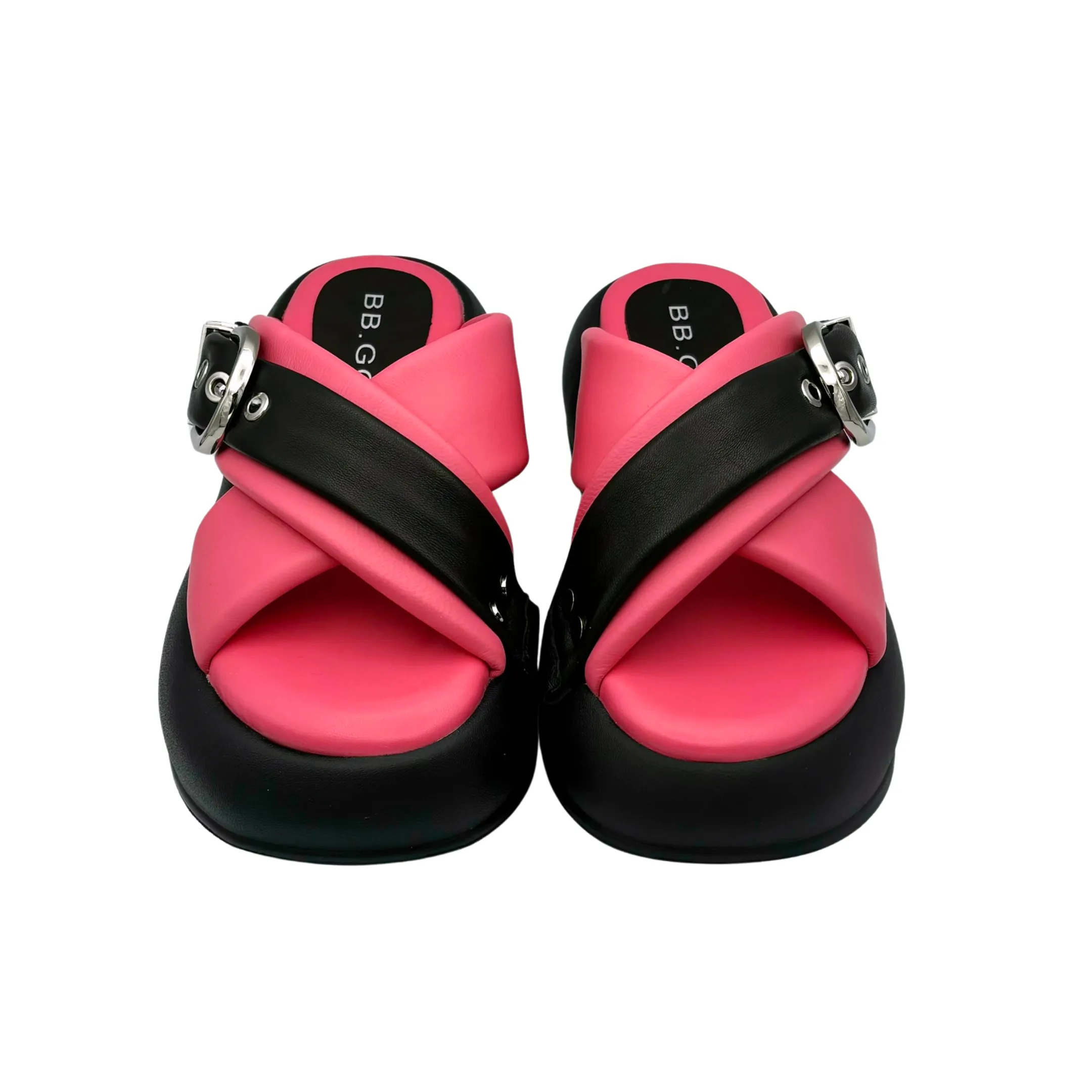 Open toe two tone buckle puffy decor thicker platform slippers