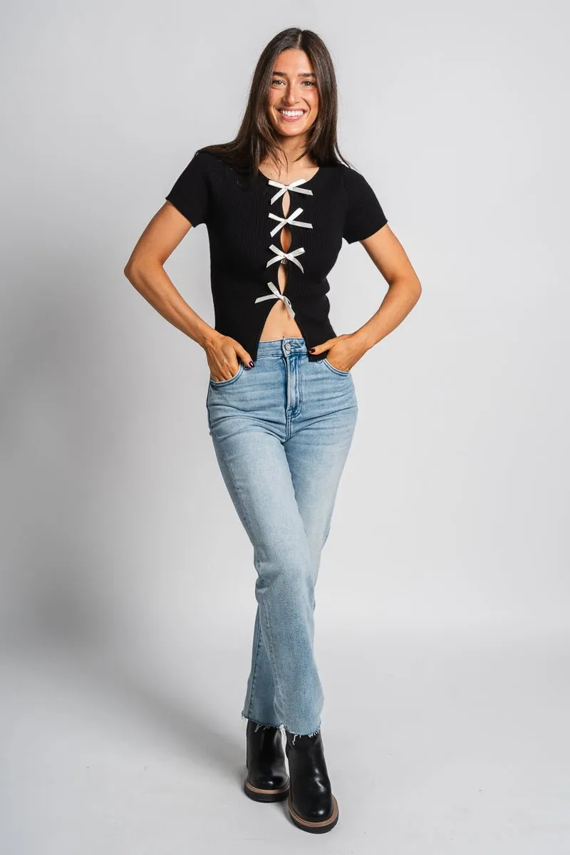 Satin bow short sleeve sweater black/cream