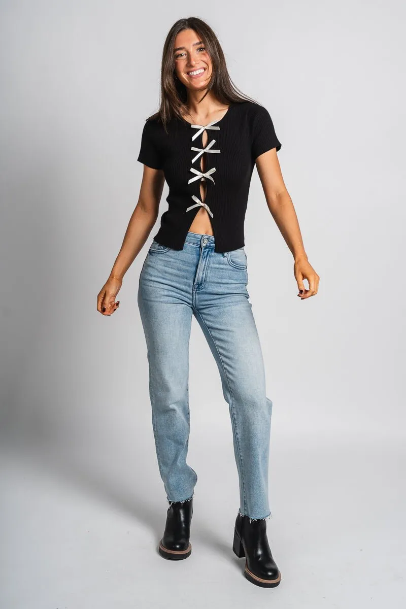Satin bow short sleeve sweater black/cream