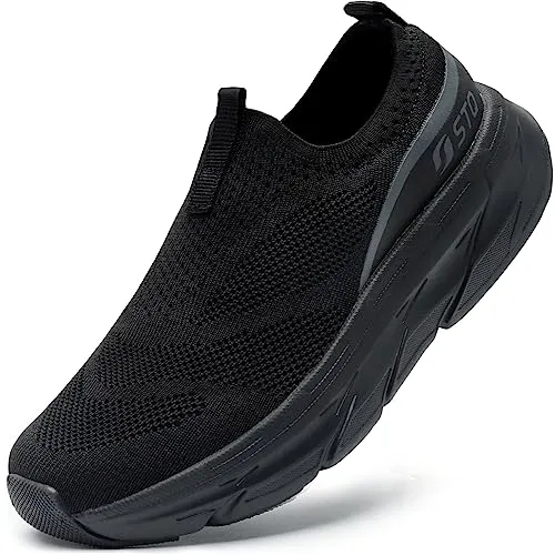 STQ Walking Shoes Women Mesh Slip on Sneakers Comfortable Work Shoes Non Slip Tennis Shoes with Arch Support All Black 7 US