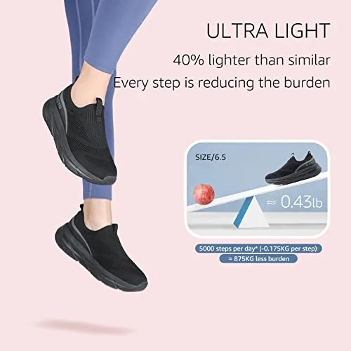 STQ Walking Shoes Women Mesh Slip on Sneakers Comfortable Work Shoes Non Slip Tennis Shoes with Arch Support All Black 7 US