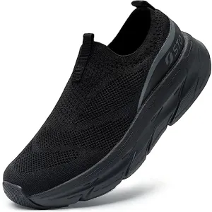 STQ Walking Shoes Women Mesh Slip on Sneakers Comfortable Work Shoes Non Slip Tennis Shoes with Arch Support All Black 7 US