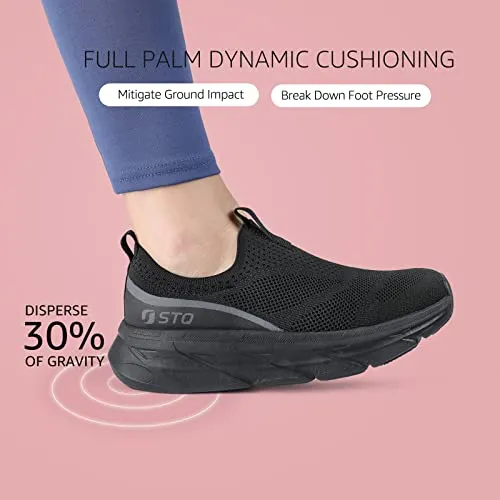 STQ Walking Shoes Women Mesh Slip on Sneakers Comfortable Work Shoes Non Slip Tennis Shoes with Arch Support All Black 7 US