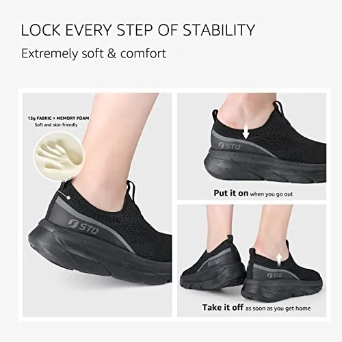 STQ Walking Shoes Women Mesh Slip on Sneakers Comfortable Work Shoes Non Slip Tennis Shoes with Arch Support All Black 7 US