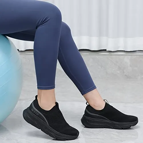 STQ Walking Shoes Women Mesh Slip on Sneakers Comfortable Work Shoes Non Slip Tennis Shoes with Arch Support All Black 7 US