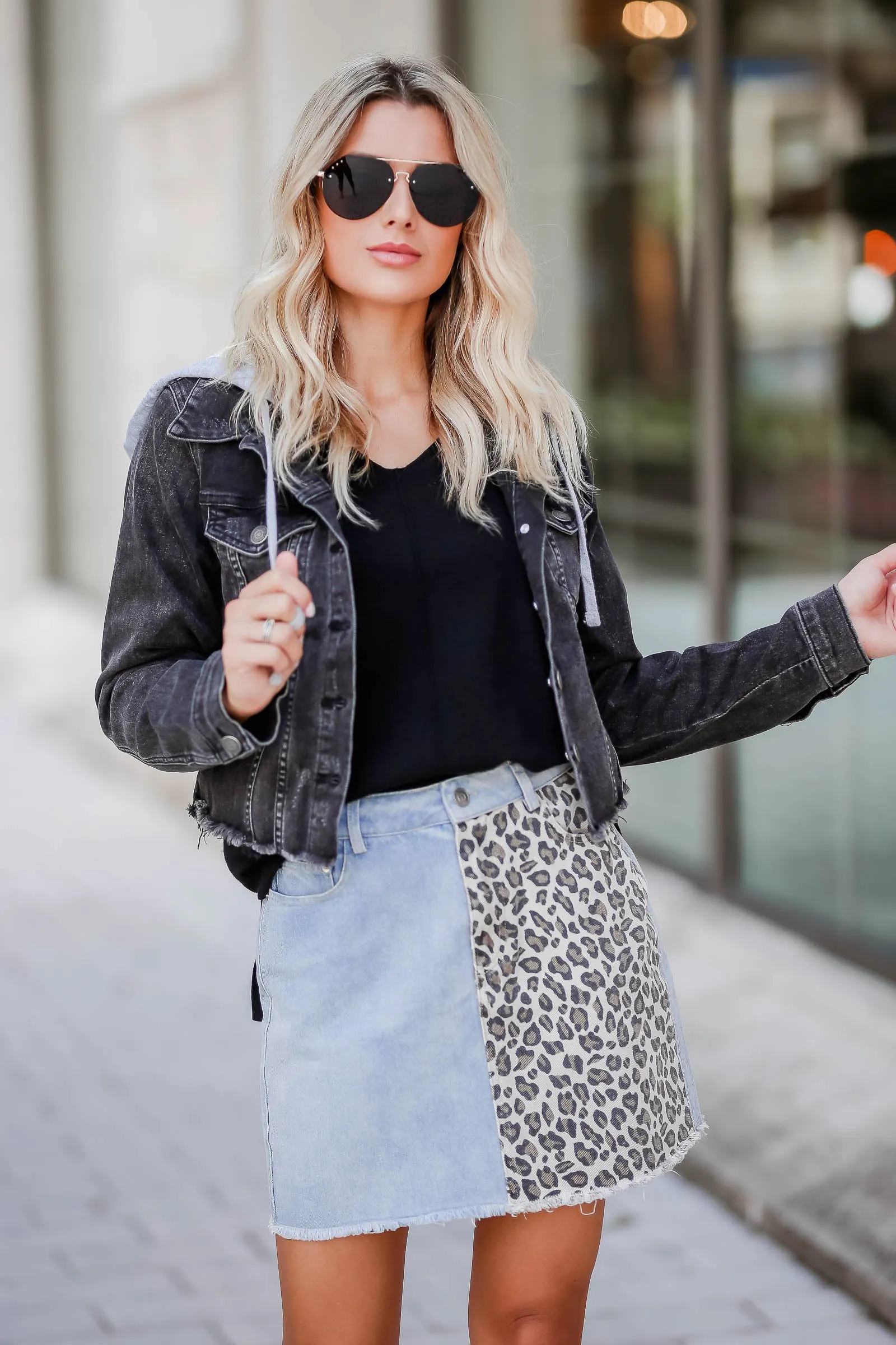 True Colors Leopard Print Denim Skirt - Light Wash