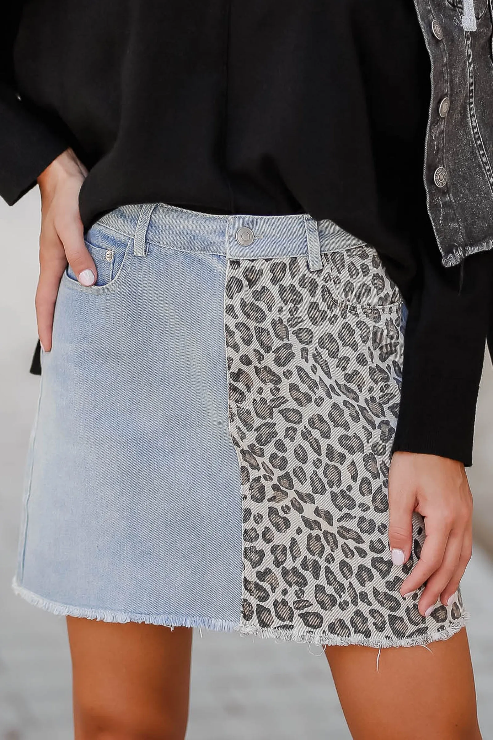 True Colors Leopard Print Denim Skirt - Light Wash
