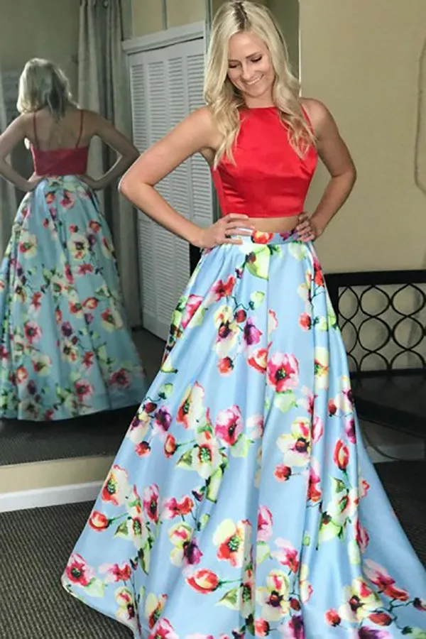 Two Piece Jewel Sweep Train Blue Printed Satin Sleeveless Prom Dress LR161