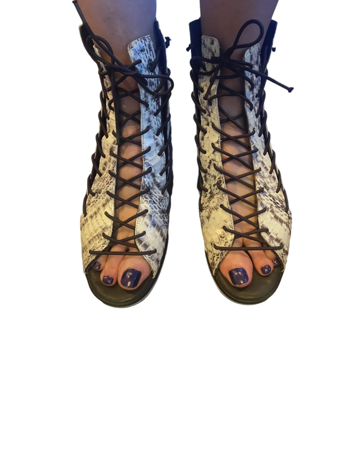 Willow Elastic Lace Up Sandals | Sz 41, Snake Print, Grey/Black/White, Cushioned