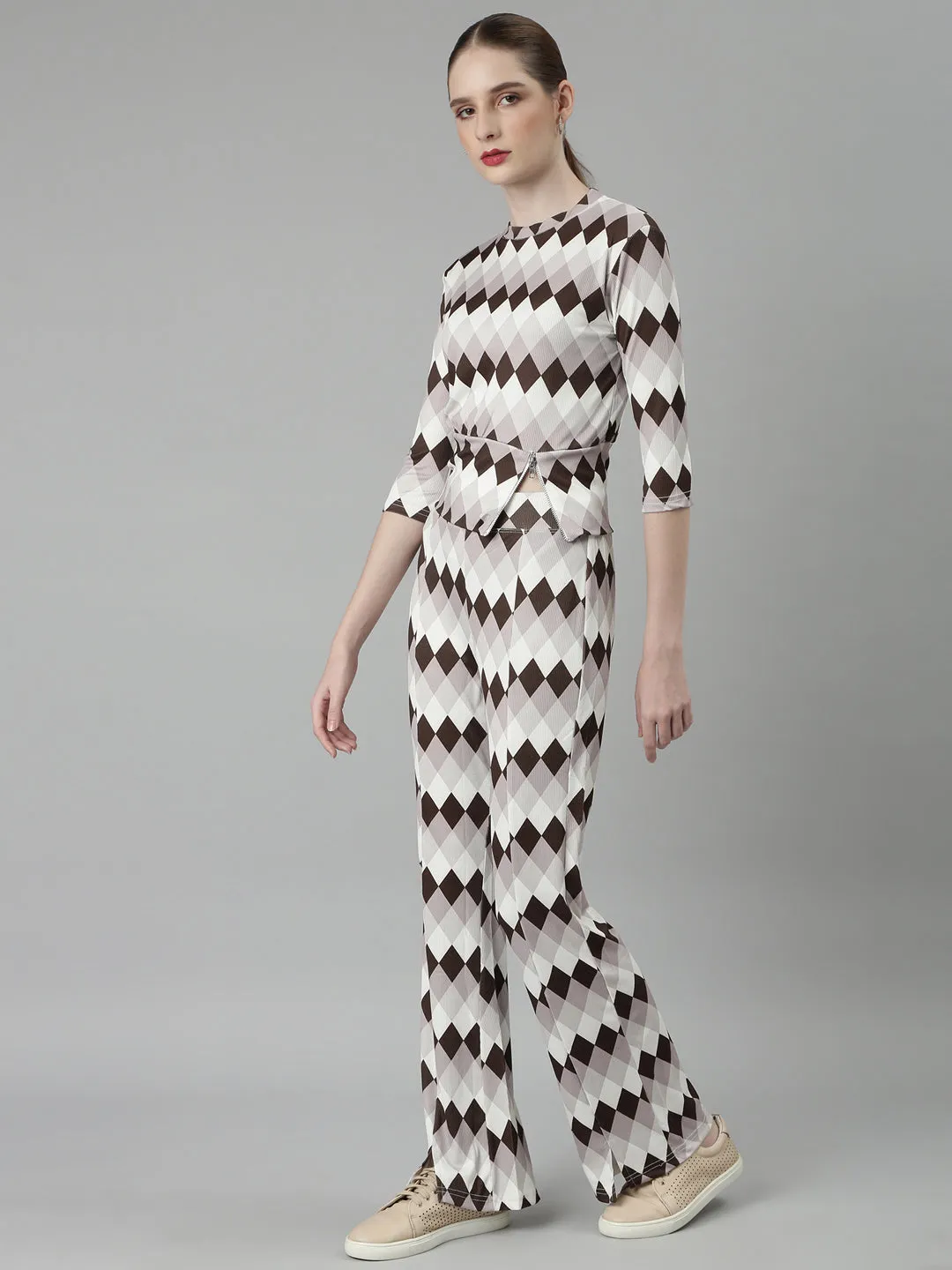 Women Brown Geometric Printed Round Neck Tracksuit