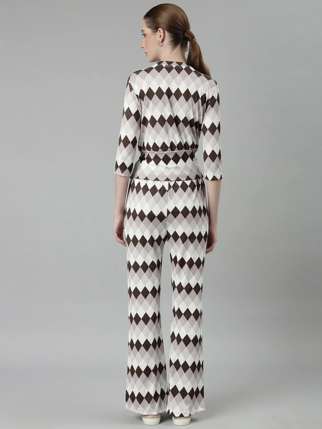 Women Brown Geometric Printed Round Neck Tracksuit