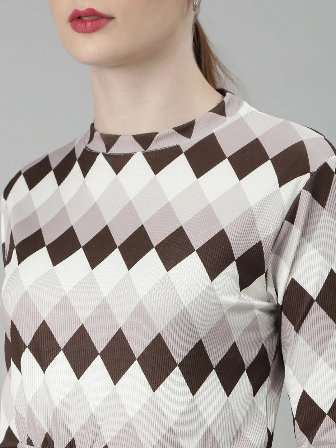 Women Brown Geometric Printed Round Neck Tracksuit