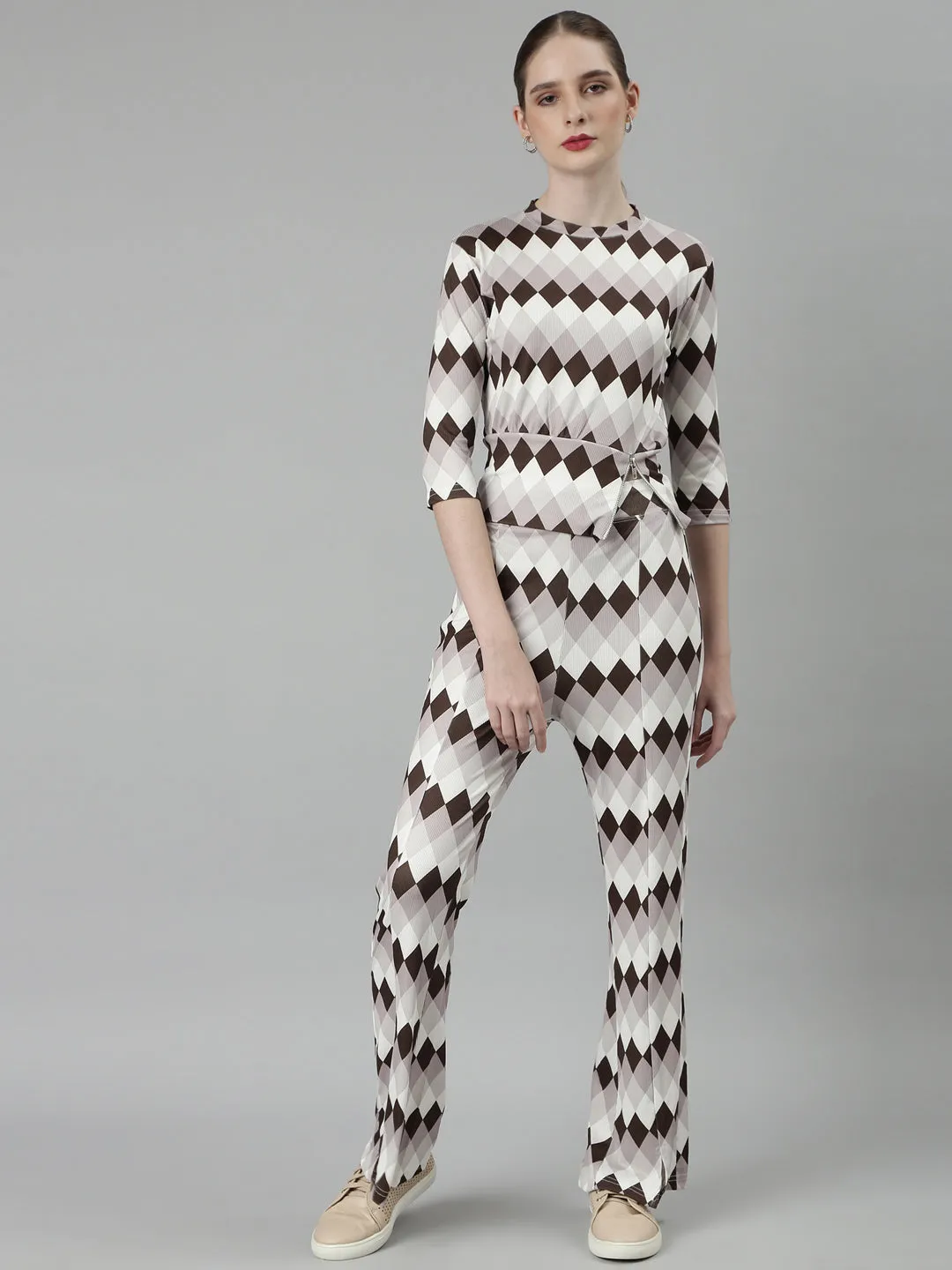 Women Brown Geometric Printed Round Neck Tracksuit