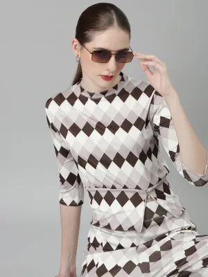 Women Brown Geometric Printed Round Neck Tracksuit