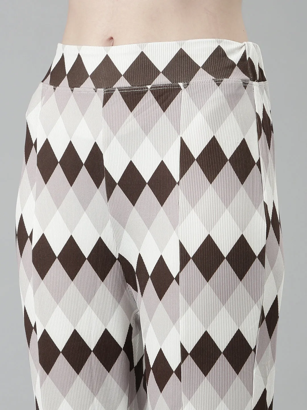 Women Brown Geometric Printed Round Neck Tracksuit