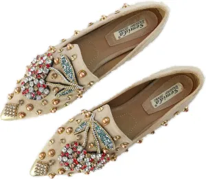 Women Rhinestone Flats Slip On Pointed Toe Sparkle Flats Faux Suede Ballet Embellished Flats