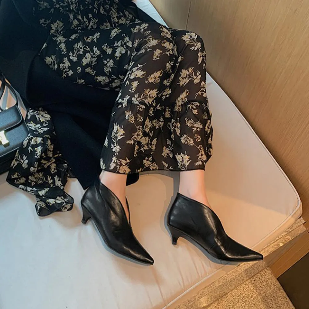 Women's Soft Leather Ankle Boots Pointed Toe Kitten Heels