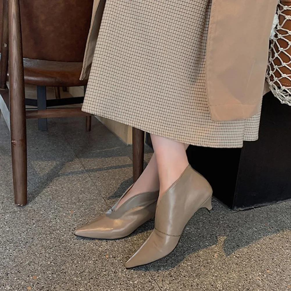 Women's Soft Leather Ankle Boots Pointed Toe Kitten Heels